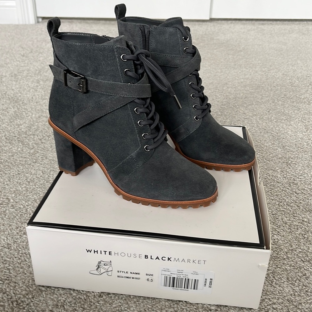 New in box White House Black Market Becca Combat bootie, gray suede, 6.5